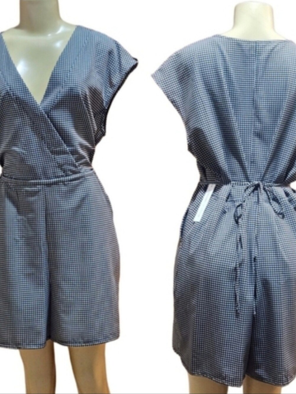 Emma & Michele Blue and White Gingham Tie-Waist Romper